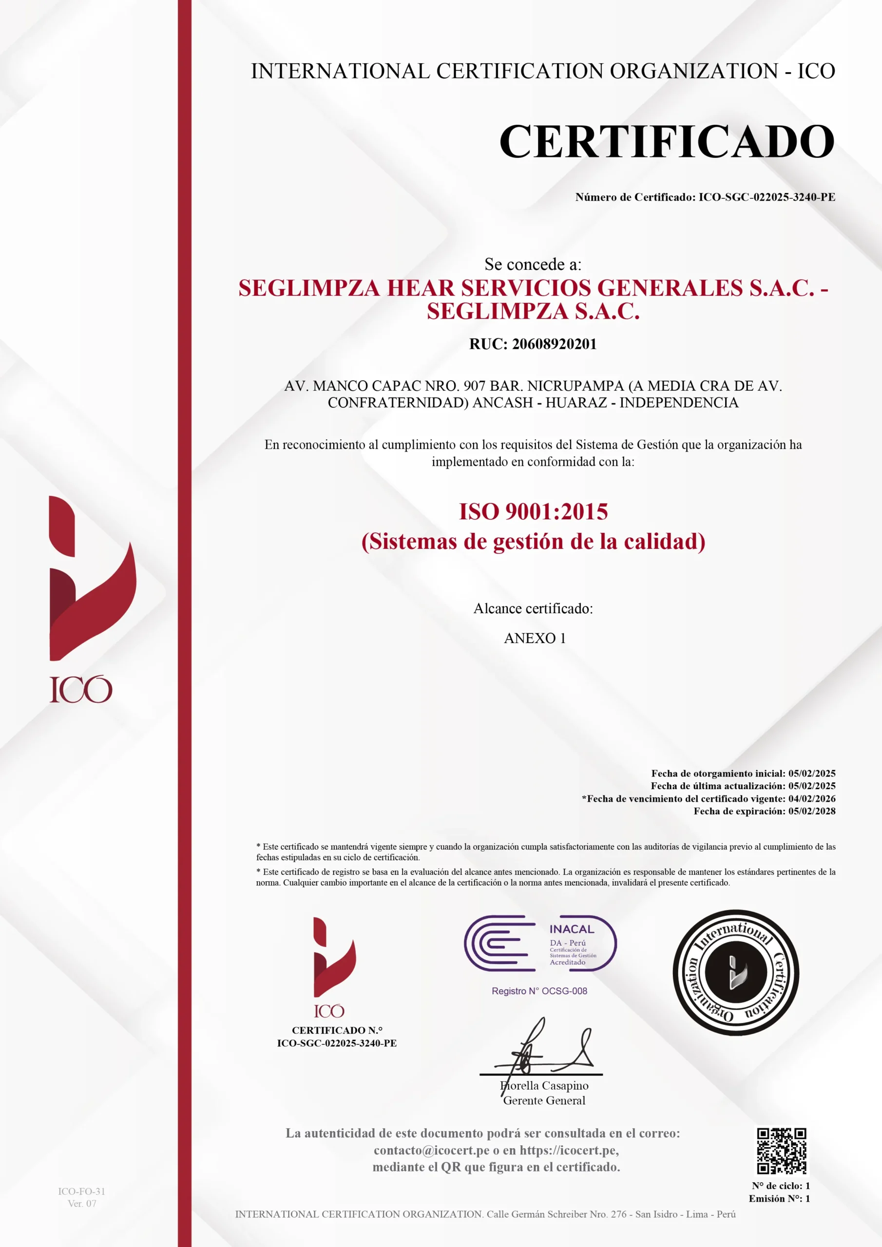 CERTIFICADO ICO - SEGLIMPZA HEAR SERVICIOS GENERALES 9001-1